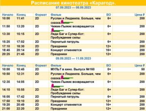 💢Расписание киносеансов на 7 - 11 сентября💢
